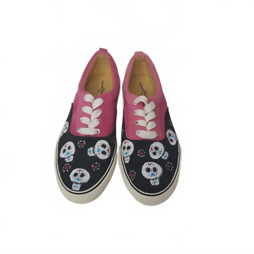 Sugar Skull‎ Pink and Black Canvas Sneakers Size 6